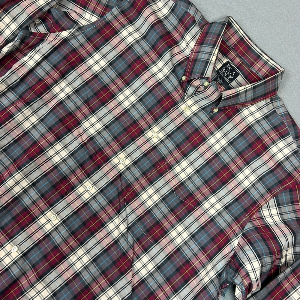 Jos. A. Bank Button Down Plaid Traveler's Collection Mens XL Burgundy Grey